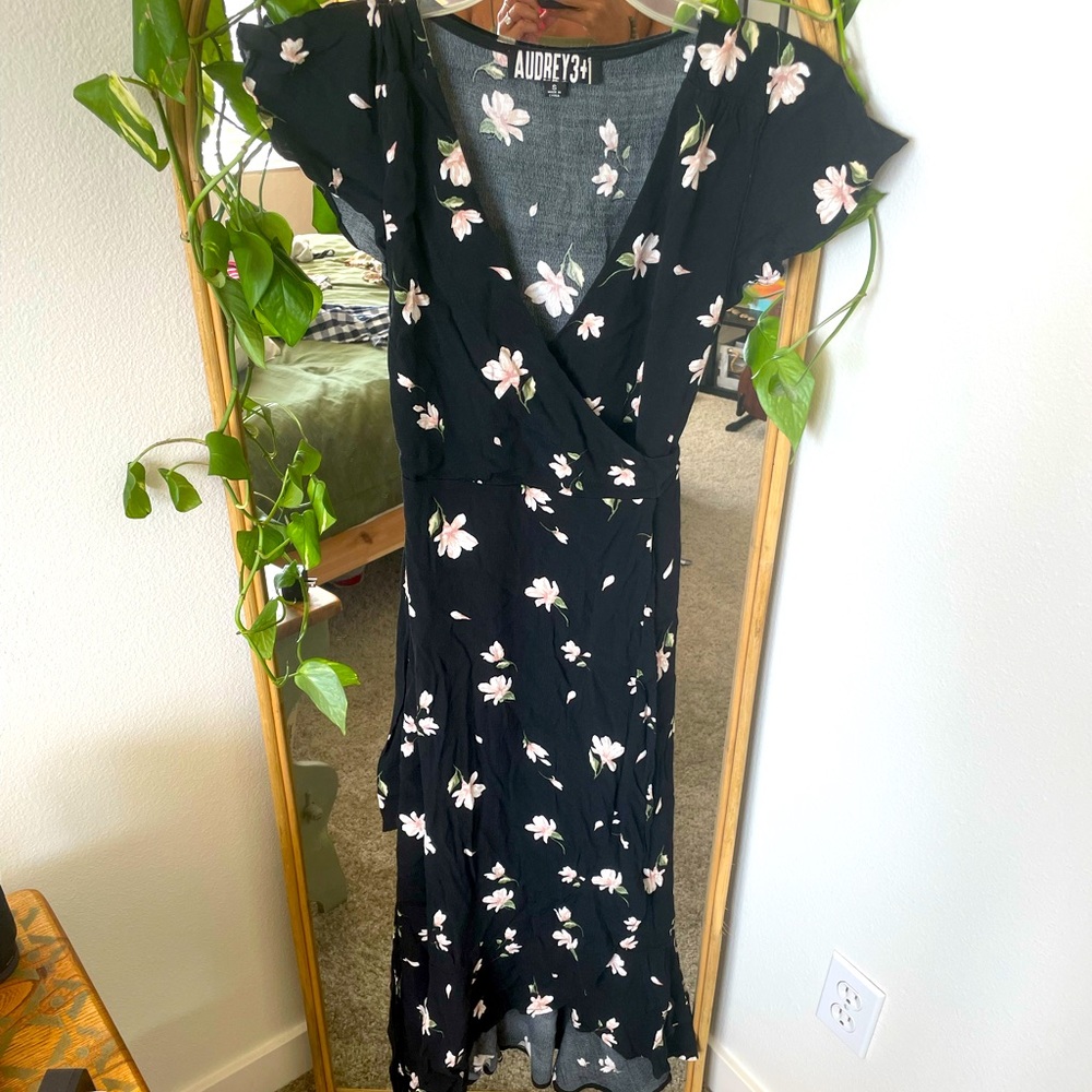 Black floral wrap dress